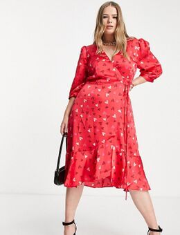 ASOS Exclusives - Midi jurk met overslag en volant in rood met hartenprint