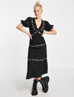 Midi-jurk met kanten inzetstukken en geborduurde bloem in zwart
