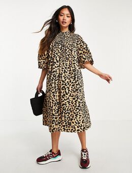Femme - Geplooide midi-jurk met volumemouw in luipaard-Meerkleurig
