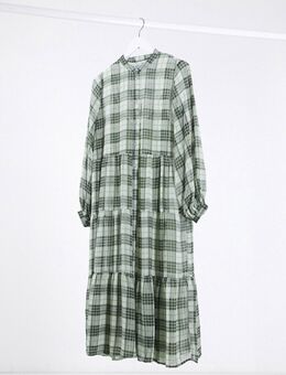 Minimum - Halflange aangerimpelde jurk in groen geruit