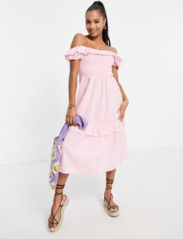 Gerimpelde midi-jurk met textuur in roze