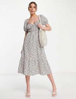 Midi-jurk met overslag en textuur in wit met fijne bloemenprint-Veelkleurig