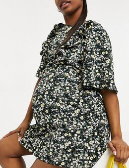 Fashion Union - Zwangerschapskleding - Mini jurk met ruches aan de mouwen en fijne bloemenprint-Zwart