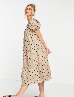 Mini-jurk van katoenen poplin met pofmouwen in stone polkadot-Neutraal