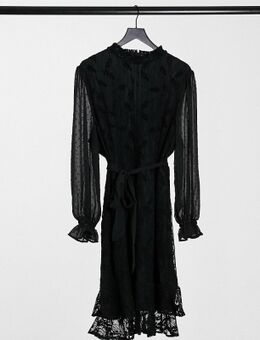 Kanten mini-jurk met hoogsluitende hals en lange mouwen met strikceintuur in zwart