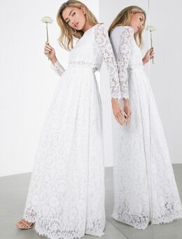 Grace - Lange trouwjurk met crop top met lange mouwen van kant-Wit