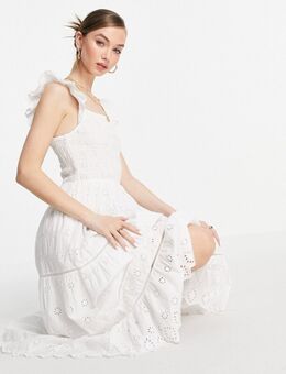 Midi-jurk van organisch katoen met gesmokte broderie in wit