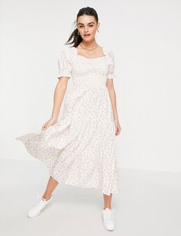 Maxi jurk met gelaagde rok, smokwerk en vintage bloemenprint-Wit