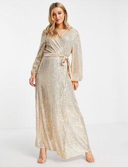 Lange duster-jurk met overslag en lovertjes in champagnekleur-Zilver