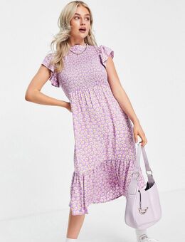 Hoogsluitende midi-jurk met fladdermouwen in lila bloemenprint-Veelkleurig