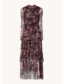 Janeti maxi jurk van mesh met volant en bloemenprint