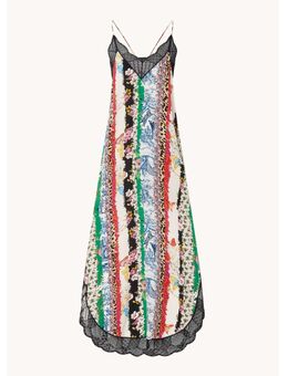 Ristyl mouwloze maxi jurk van zijde met print en kant