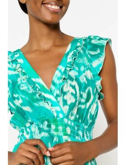 Maxi jurk met all over print en volant turquoise/wit