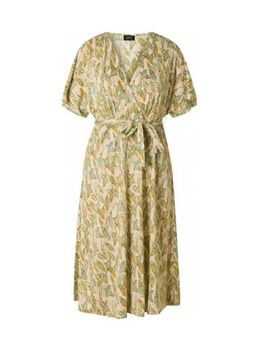 A-lijn jurk met bladprint en ceintuur olijfgroen/crème