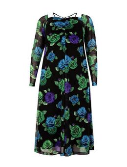 Gebloemde maxi jurk zwart/blauw/groen