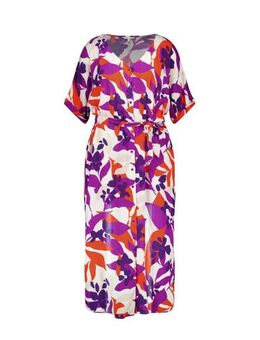 Maxi blousejurk met all over print en ceintuur paars/rood/wit