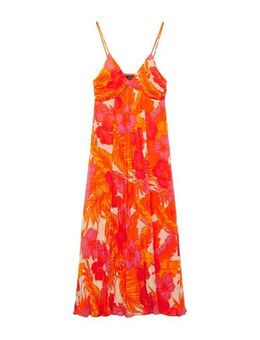 Jurk met all over print en plooien met open rug oranje/ecru