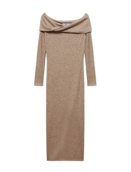 Ribgebreide off shoulder maxi jurk beige