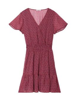 Semi-transparante jurk met all over print en volant roze/rood