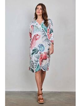 Jurk met all over print ecru/blauw/rood