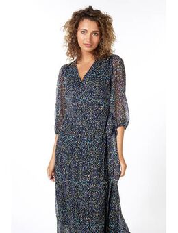 Semi-transparante jurk met all over print en ceintuur blauw/paars