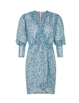 Semi-transparante jurk met all over print lichtblauw/donkerblauw/geel