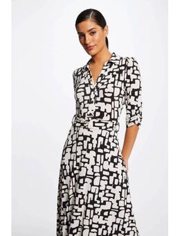 Maxi jurk met all over print en ceintuur zwart/wit