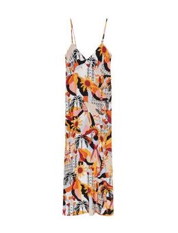 Maxi jurk met all over print met open rug geel/ecru/rood