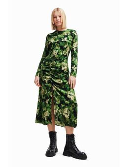 Jersey jurk print en split limegroen/lichtgroen/ecru