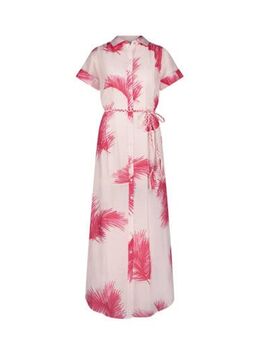 Maxi jurk met all over print en ceintuur roze/ lichtroze