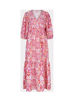 Maxi jurk met all over print en volant roze/rood/oranje