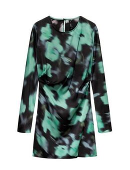 Jurk met all over print en plooien zwart/groen/blauw