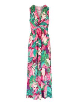 Maxi jurk met bladprint groen/roze/ecru