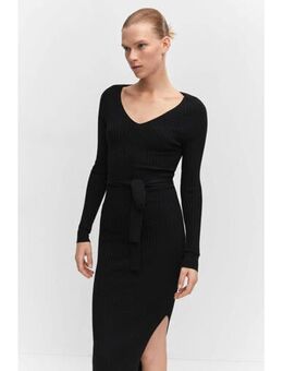 Ribgebreide jurk met ceintuur zwart