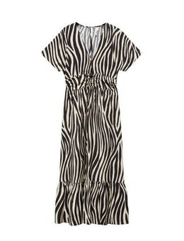 A-lijn jurk met zebraprint en volant zwart/ecru