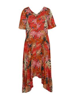 A-lijn jurk met bladprint en ceintuur rood/multi