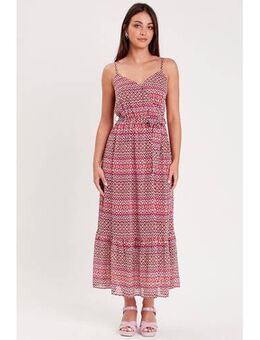 Maxi jurk met all over print en volant rood/ roze