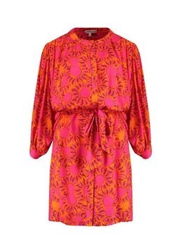 Blousejurk MAE-DR met all over print en ceintuur roze/oranje