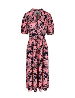Maxi jurk met all over print en volant roze/donkerblauw