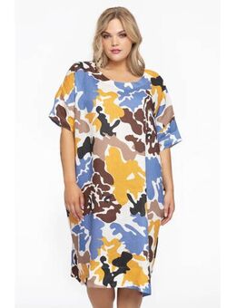 Jurk met all over print ecru/geel/blauw/bruin