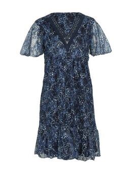 Semi-transparante trapeze jurk met all over print en kant donkerblauw/ecru