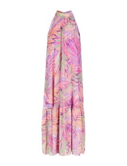 Maxi jurk met bladprint roze/oranje/lila