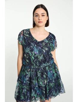 Semi-transparante jurk met all over print en volant blauw/groen