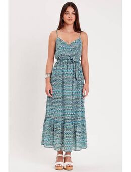 Maxi jurk met all over print en volant donkerblauw/ turquoise