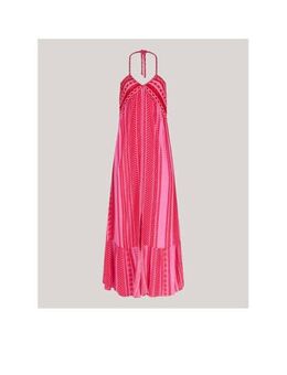 Halter maxi jurk met all over print en volant roze/rood