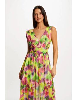 Maxi jurk met all over print en plooien geel/roze/groen