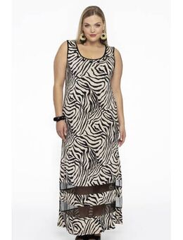 Maxi A-lijn jurk DOLCE van travelstof met dierenprint ecru/zwart