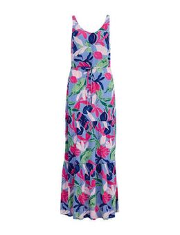 Maxi jurk met all over print en volant met open rug blauw/roze/groen