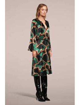 A-lijn jurk met all over print en ceintuur groen/zwart/bruin