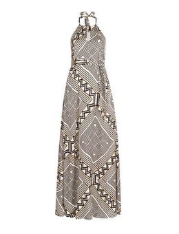 Halter maxi A-lijn jurk met all over print met open rug ecru/beige/zwart